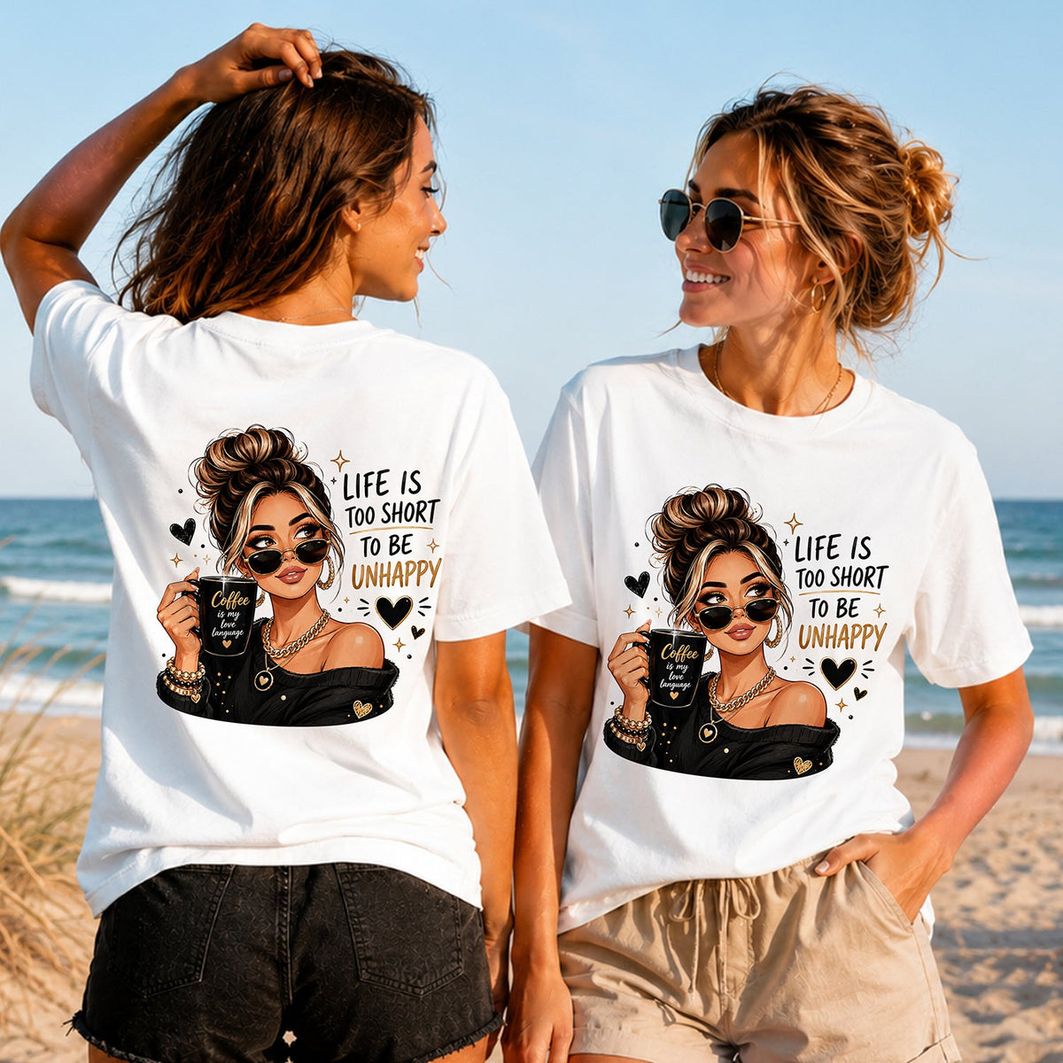 Coffee Is My Love Language - Women's T-Shirt in white, showing alternative back and front print placements on the beach