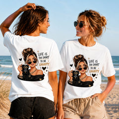 Coffee Is My Love Language - Women's T-Shirt in white, showing alternative back and front print placements on the beach