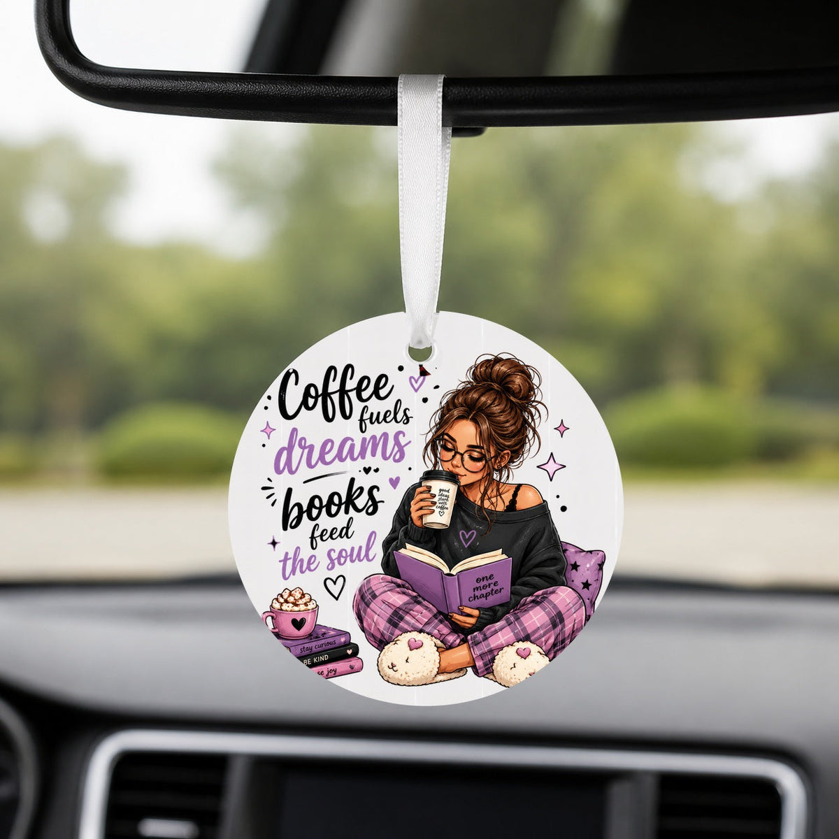 Coffee and Books - Round Car Charm in white
