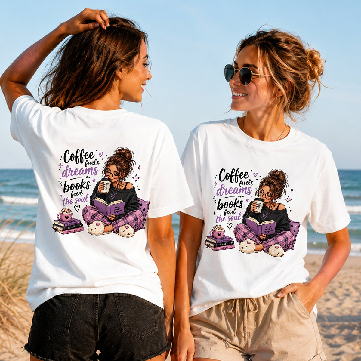 Coffee and Books - Women's T-Shirt in white, showing alternative back and front print placements on the beach