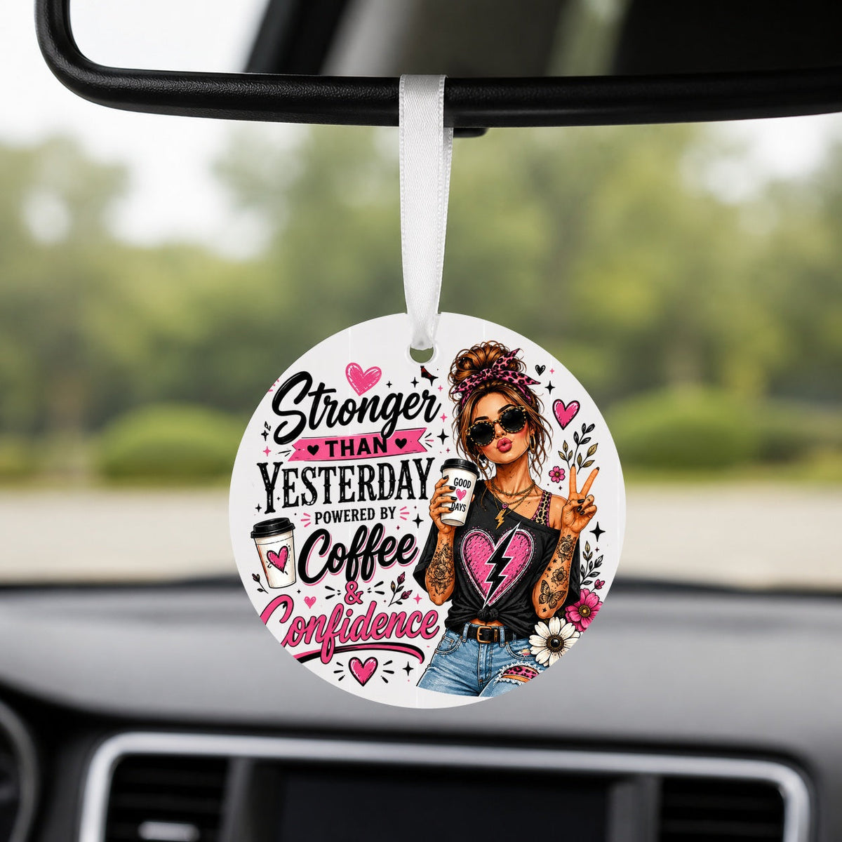 Coffee and Confidence - Round Car Charm in white