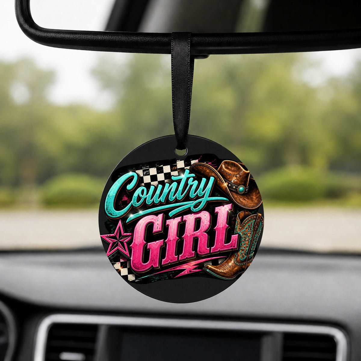 Country Girl Checkers - Round Car Charm in black