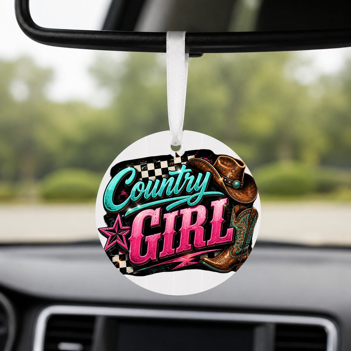 Country Girl Checkers - Round Car Charm in white