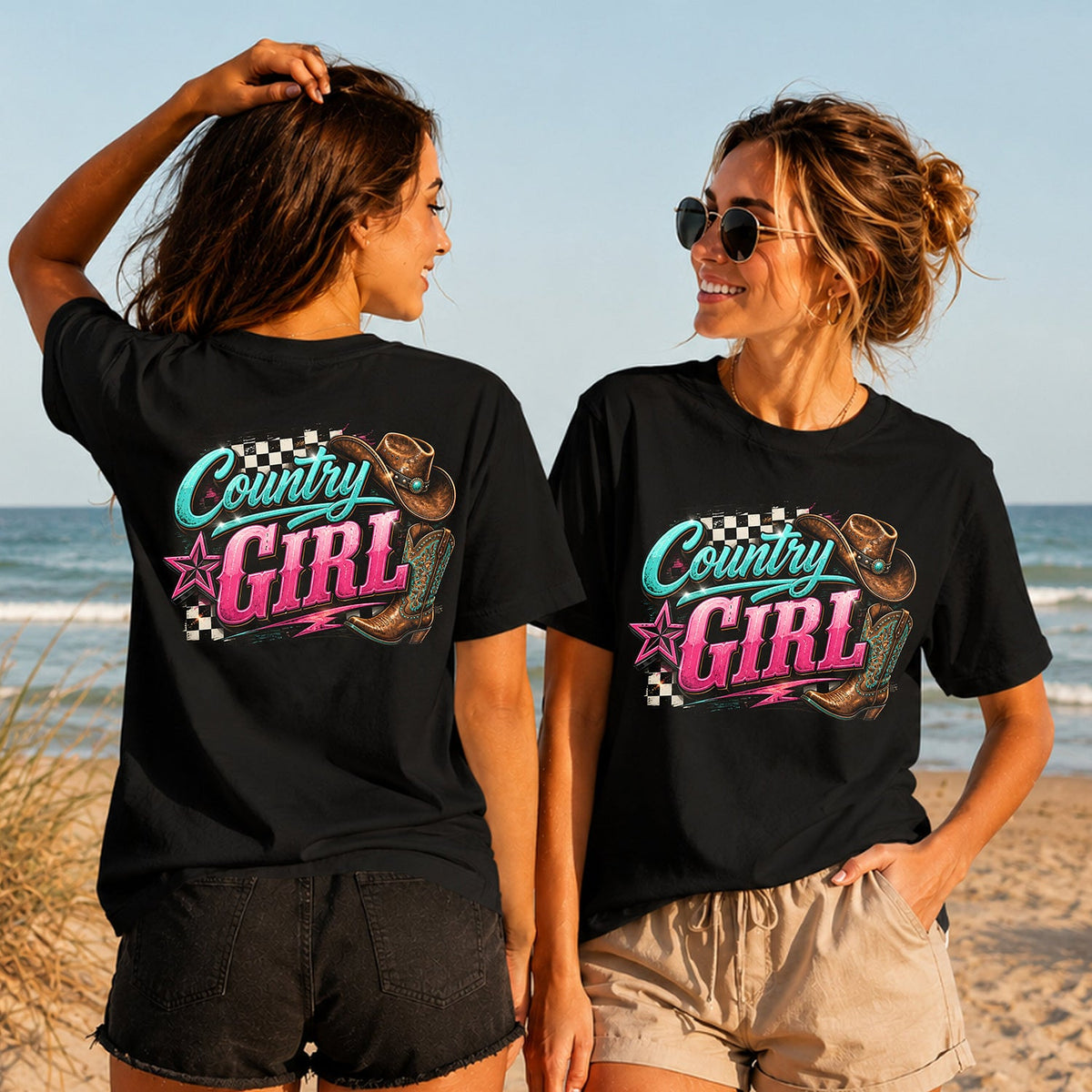 Country Girl Checkers - Women's T-Shirt in black, showing alternative back and front print placements on the beach