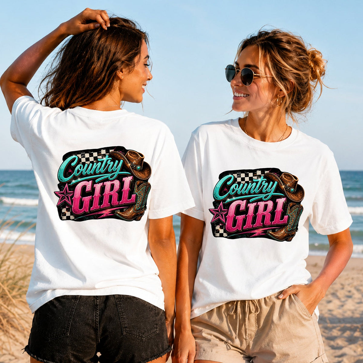 Country Girl Checkers - Women's T-Shirt in white, showing alternative back and front print placements on the beach