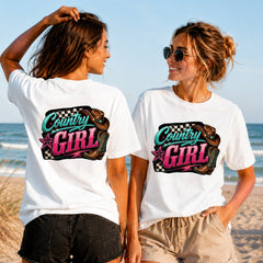 Country Girl Checkers - Women's T-Shirt in white, showing alternative back and front print placements on the beach