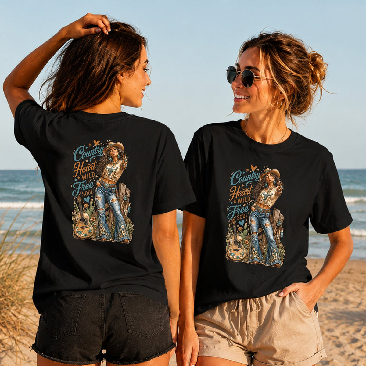 Country Heart Free Soul - Women's T-Shirt in black, showing alternative back and front print placements on the beach