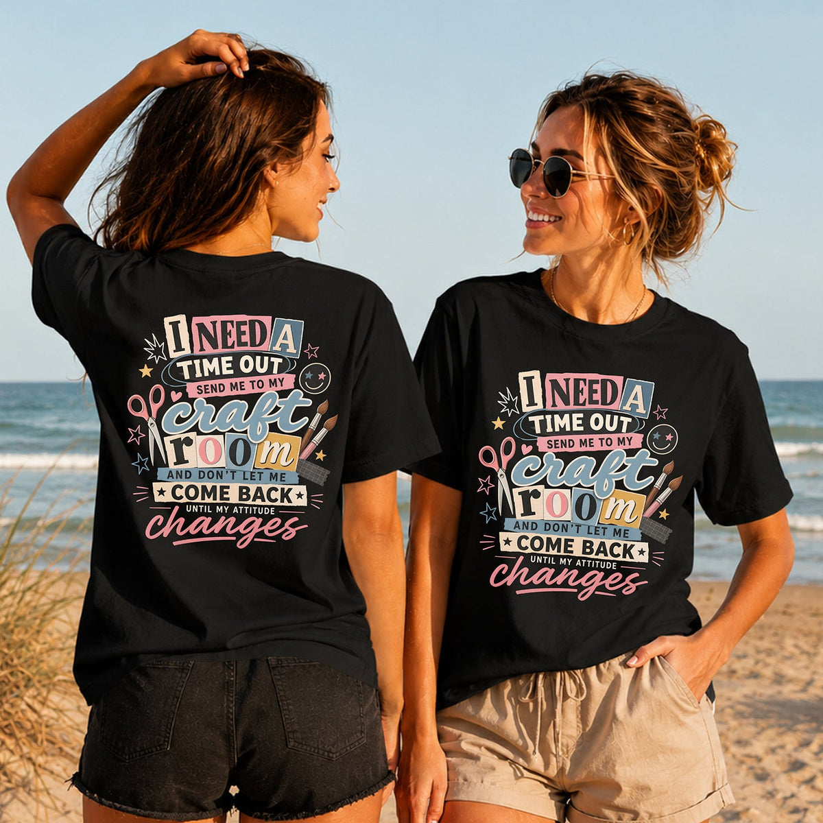 Craft Room Time Out - Women's T-Shirt in black, showing alternative back and front print placements on the beach