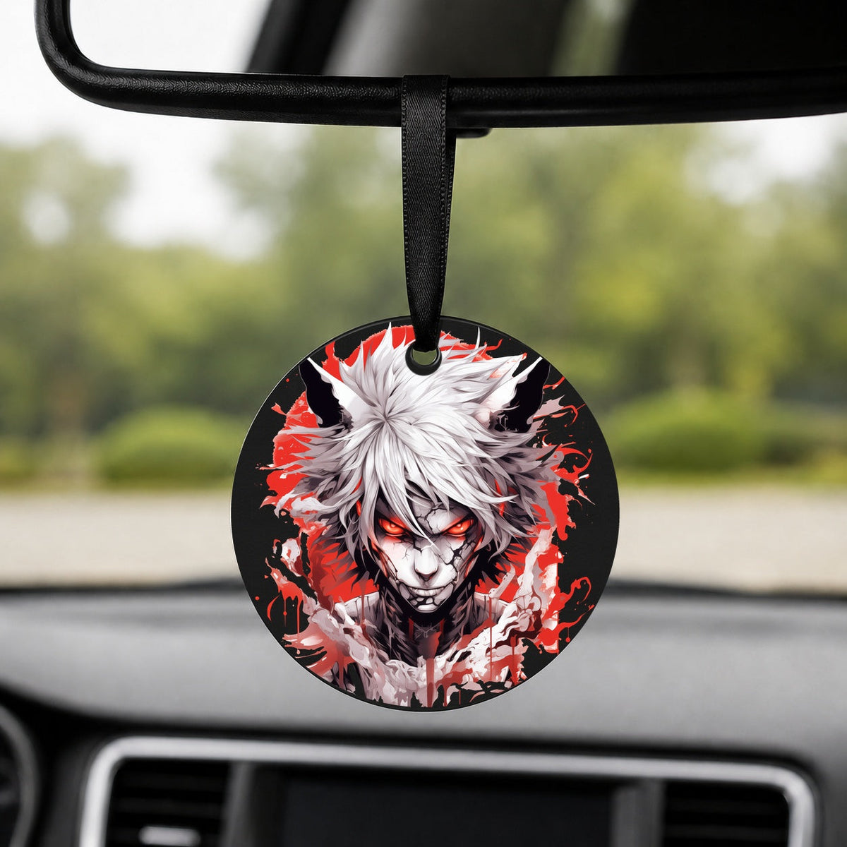 Crimson Horns Anime Demon - Round Car Charm in black
