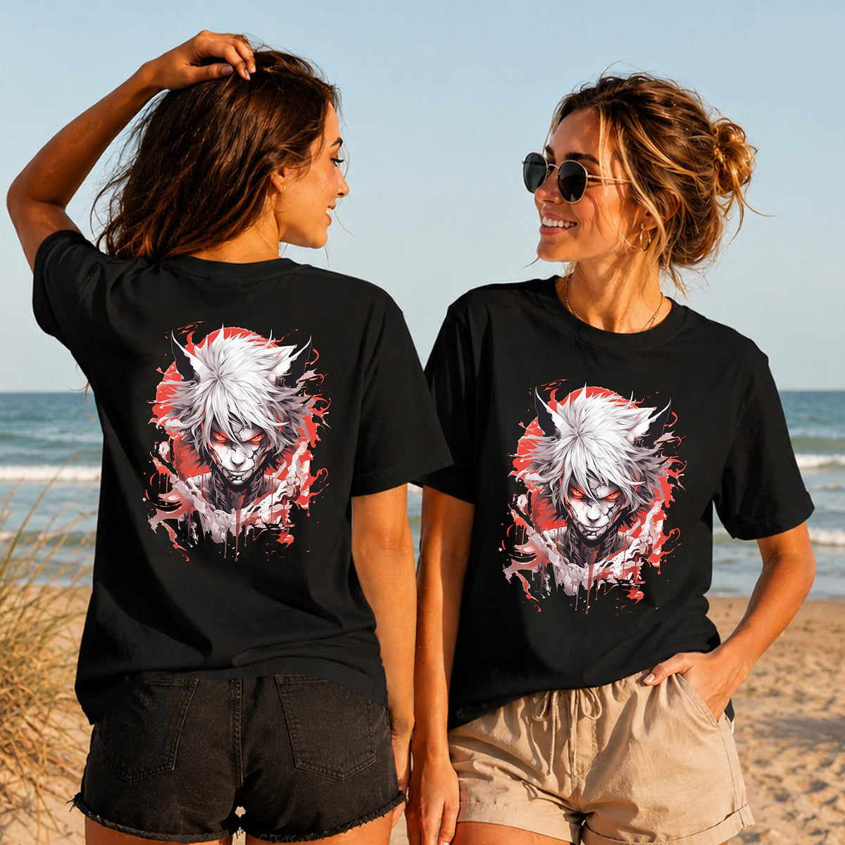 Crimson Horns Anime Demon - Women's T-Shirt in black, showing alternative back and front print placements on the beach