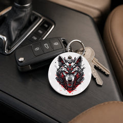 Cybernetic Wolf - Crimson Steel - Keychain in white