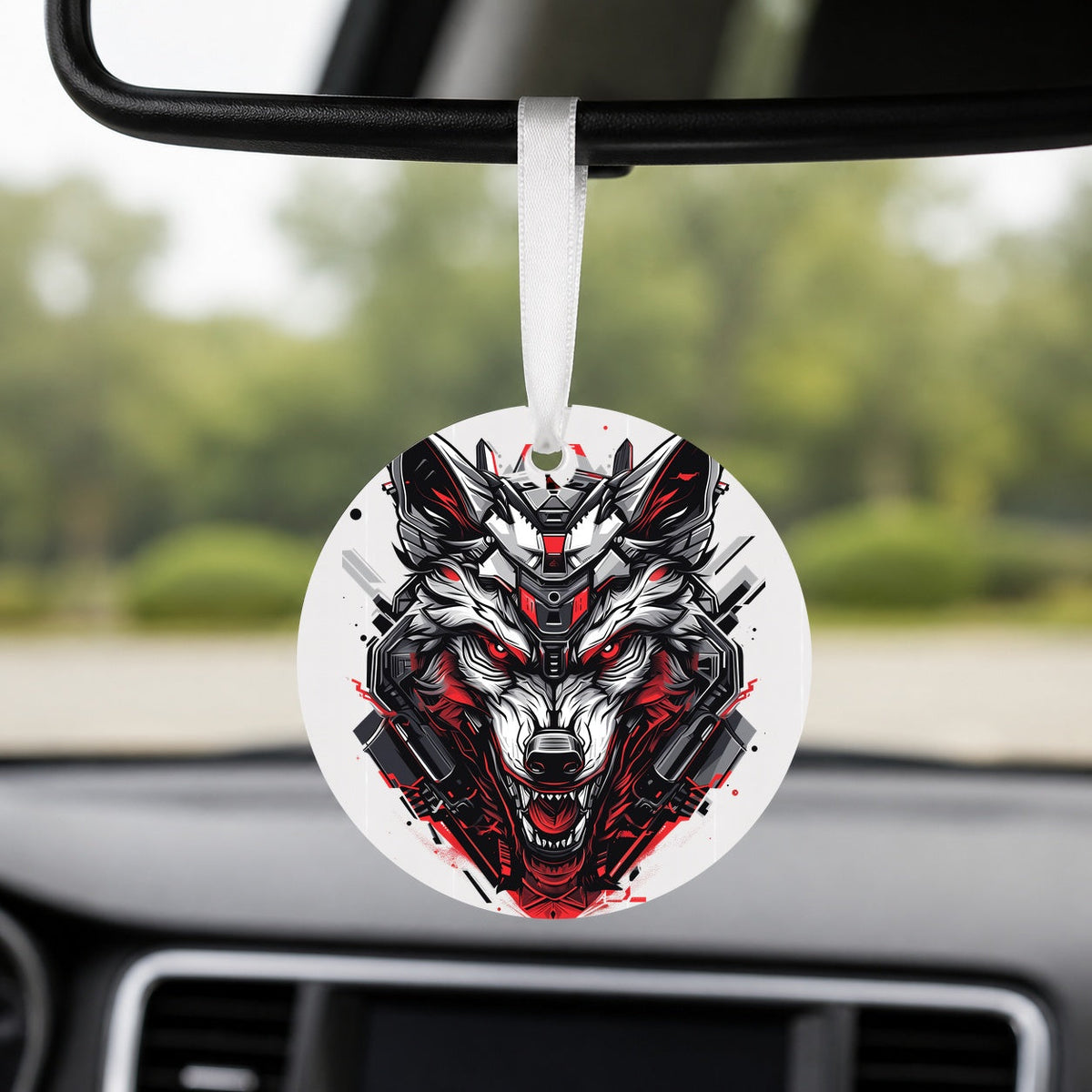 Cybernetic Wolf - Crimson Steel - Round Car Charm in white