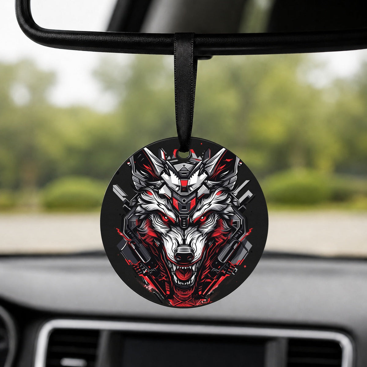 Cybernetic Wolf - Neon Fury - Round Car Charm in black