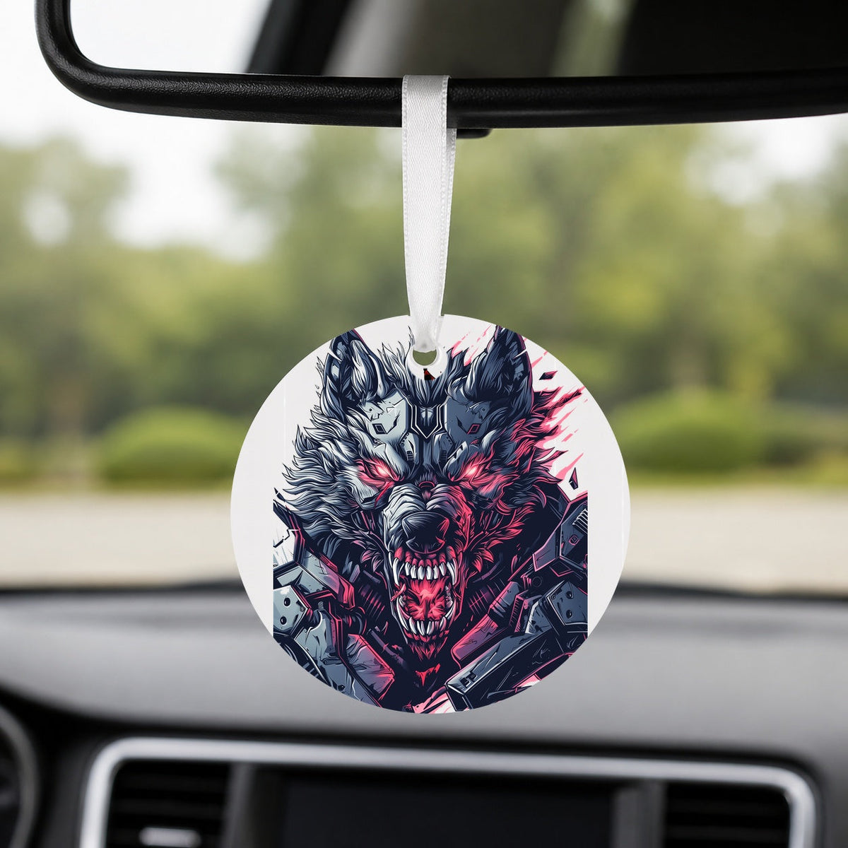 Cybernetic Wolf - Neon Fury - Round Car Charm in white