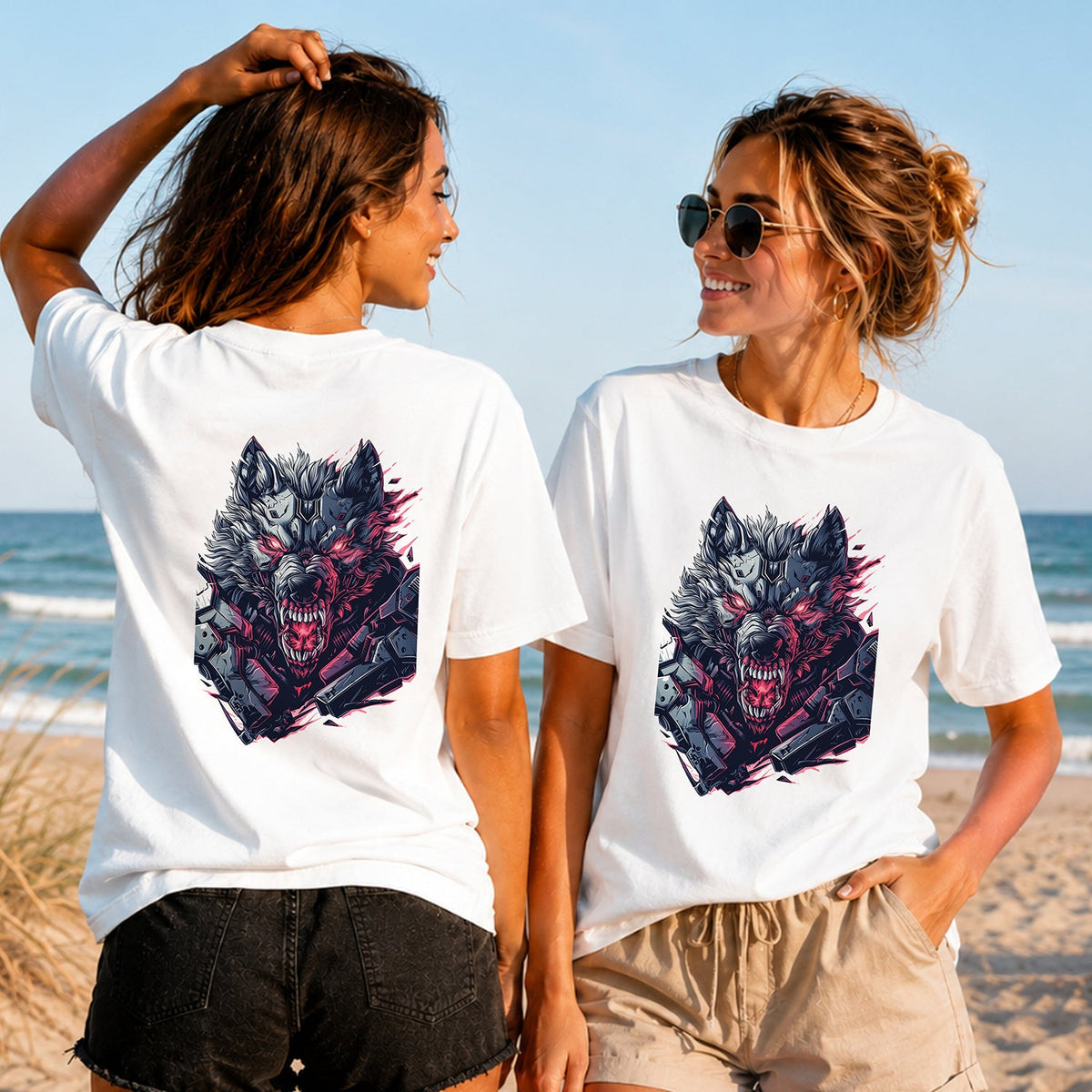 Cybernetic Wolf - Neon Fury - Women's T-Shirt in white, showing alternative back and front print placements on the beach