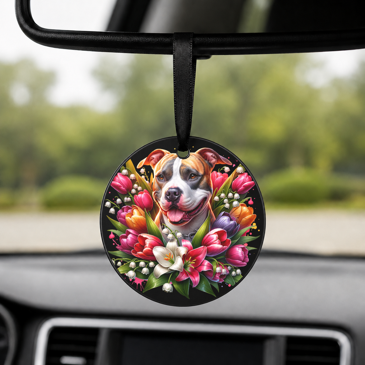 Dachshund With Tulips - Round Car Charm in black