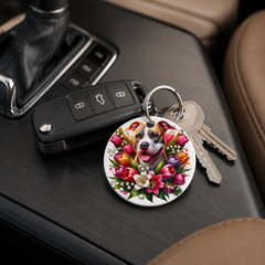 Dachshund With Tulips - Keychain in white