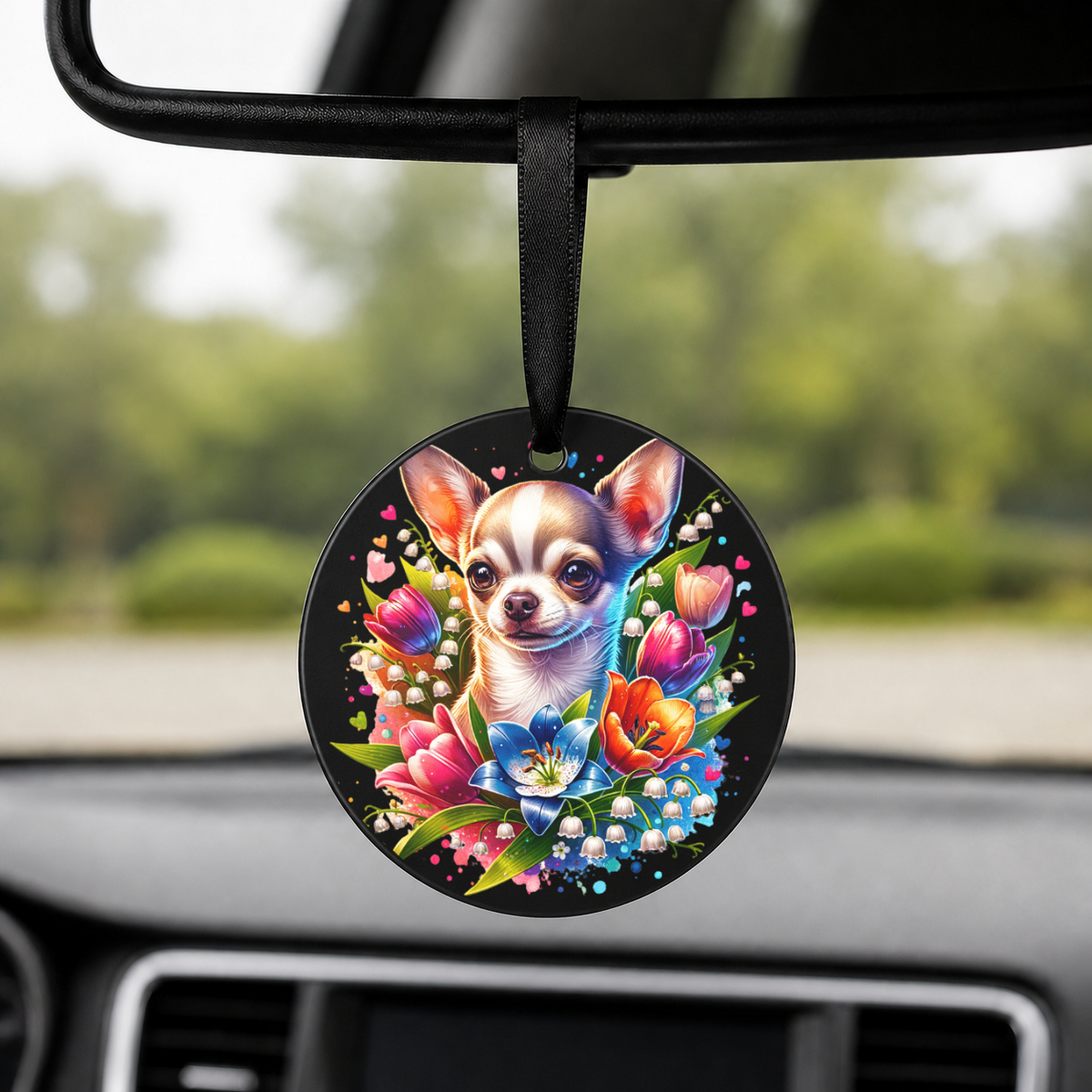 Dalmatian With Tulips - Round Car Charm in black