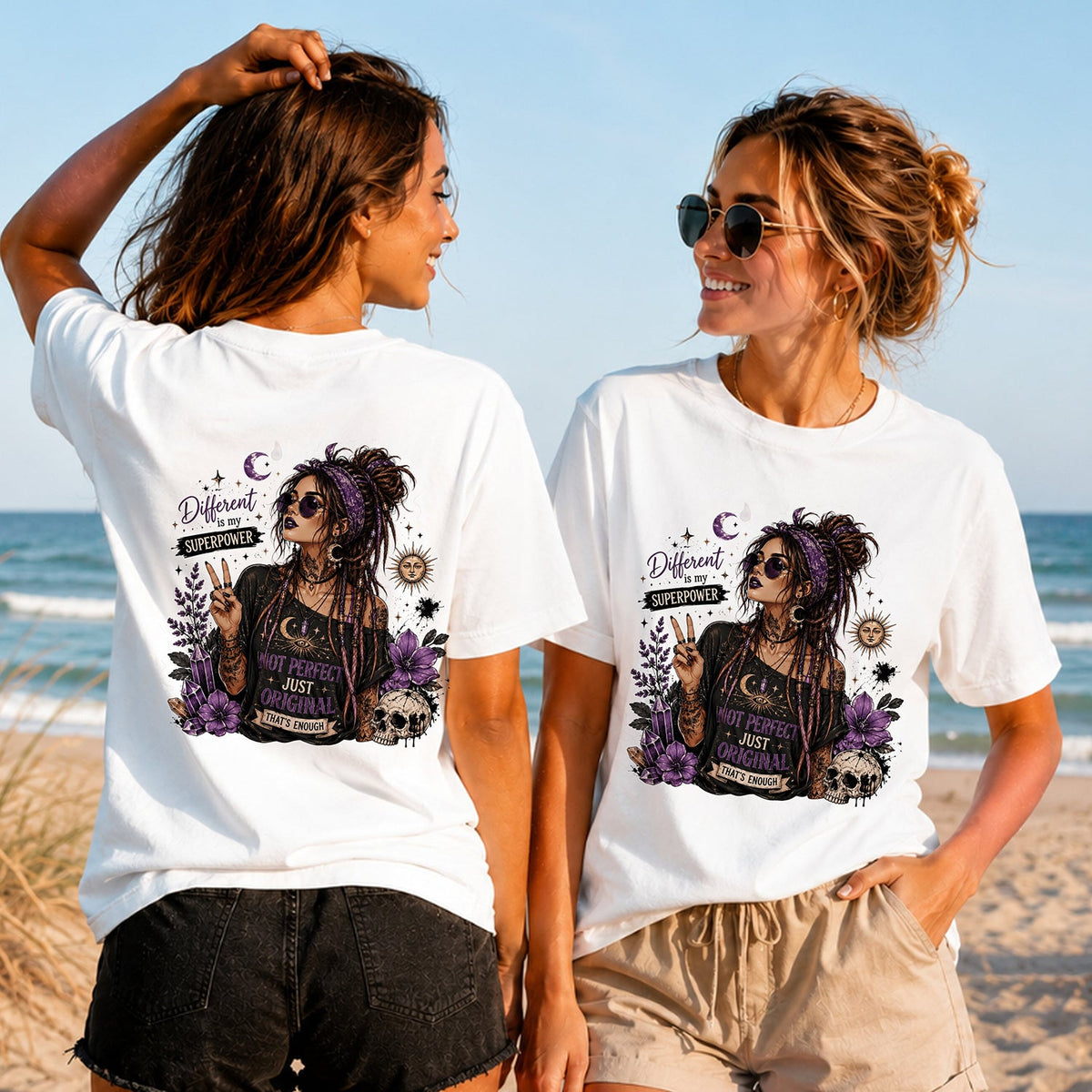 Different Is My Superpower - Women's T-Shirt in white, showing alternative back and front print placements on the beach