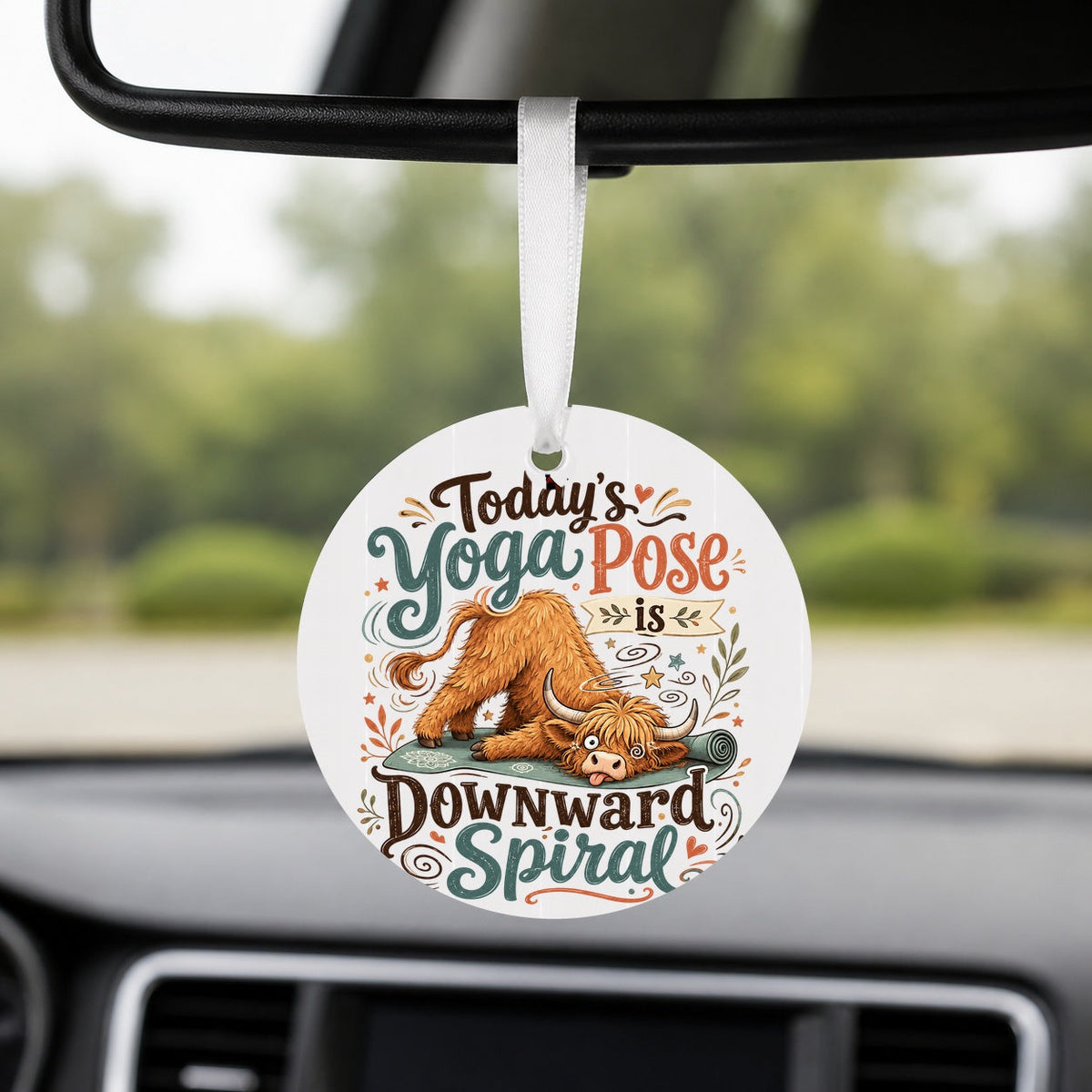 Downward Spiral Highland Cow - Round Car Charm in white