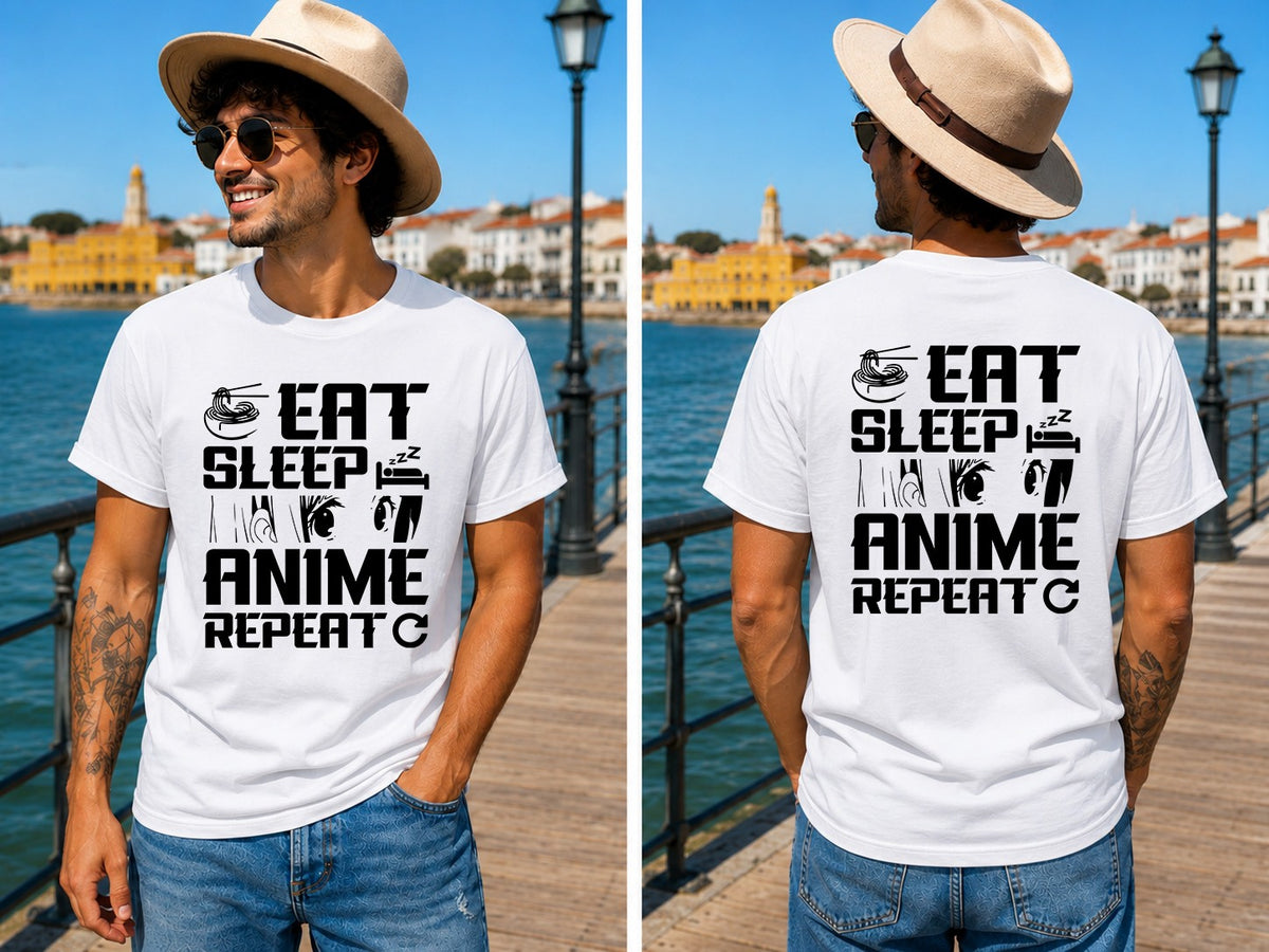 Eat Sleep Anime Repeat Quote - Black - Men's T-Shirt in white, showing front and back print placement choices