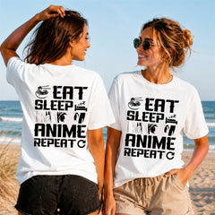 Eat Sleep Anime Repeat Quote - Black - Women's T-Shirt in white, showing front and back print placement choices