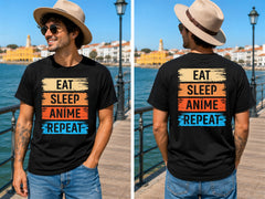 Eat Sleep Anime Repeat Quote - Color - Men's T-Shirt in black, showing front and back print placement choices