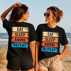 Eat Sleep Anime Repeat Quote - Color - Women's T-Shirt in black, showing front and back print placement choices