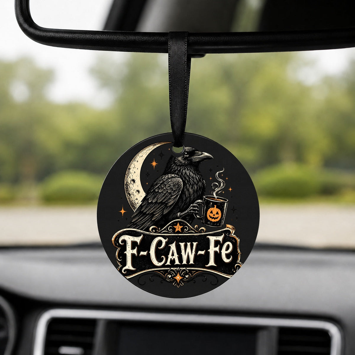 F-Caw-Fe Raven - Round Car Charm in black