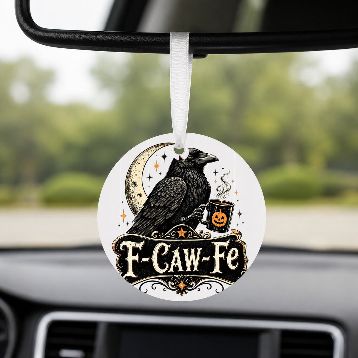 F-Caw-Fe Raven - Round Car Charm in white