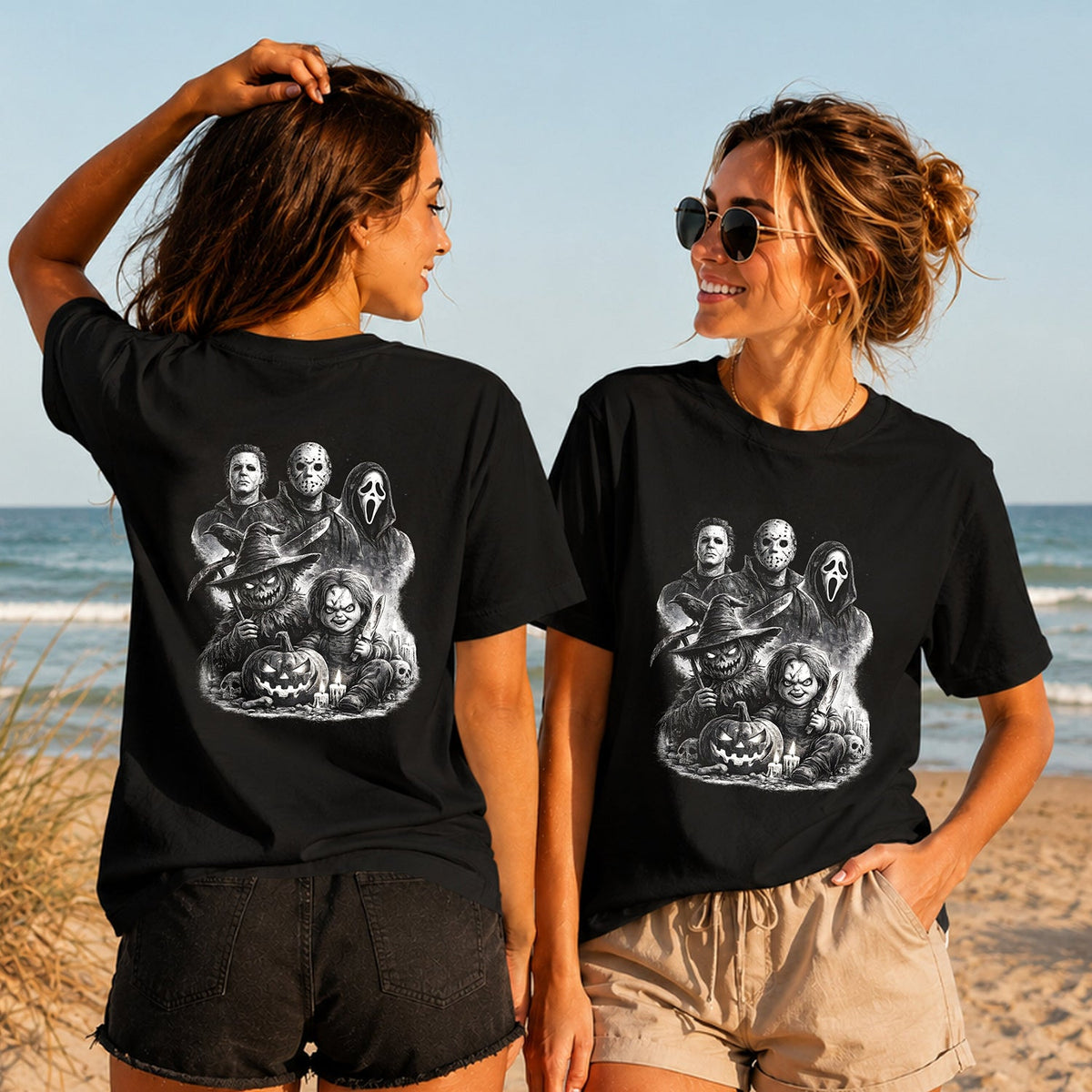 Favourite Halloween Friends - Women's T-Shirt in black, showing alternative back and front print placements on the beach