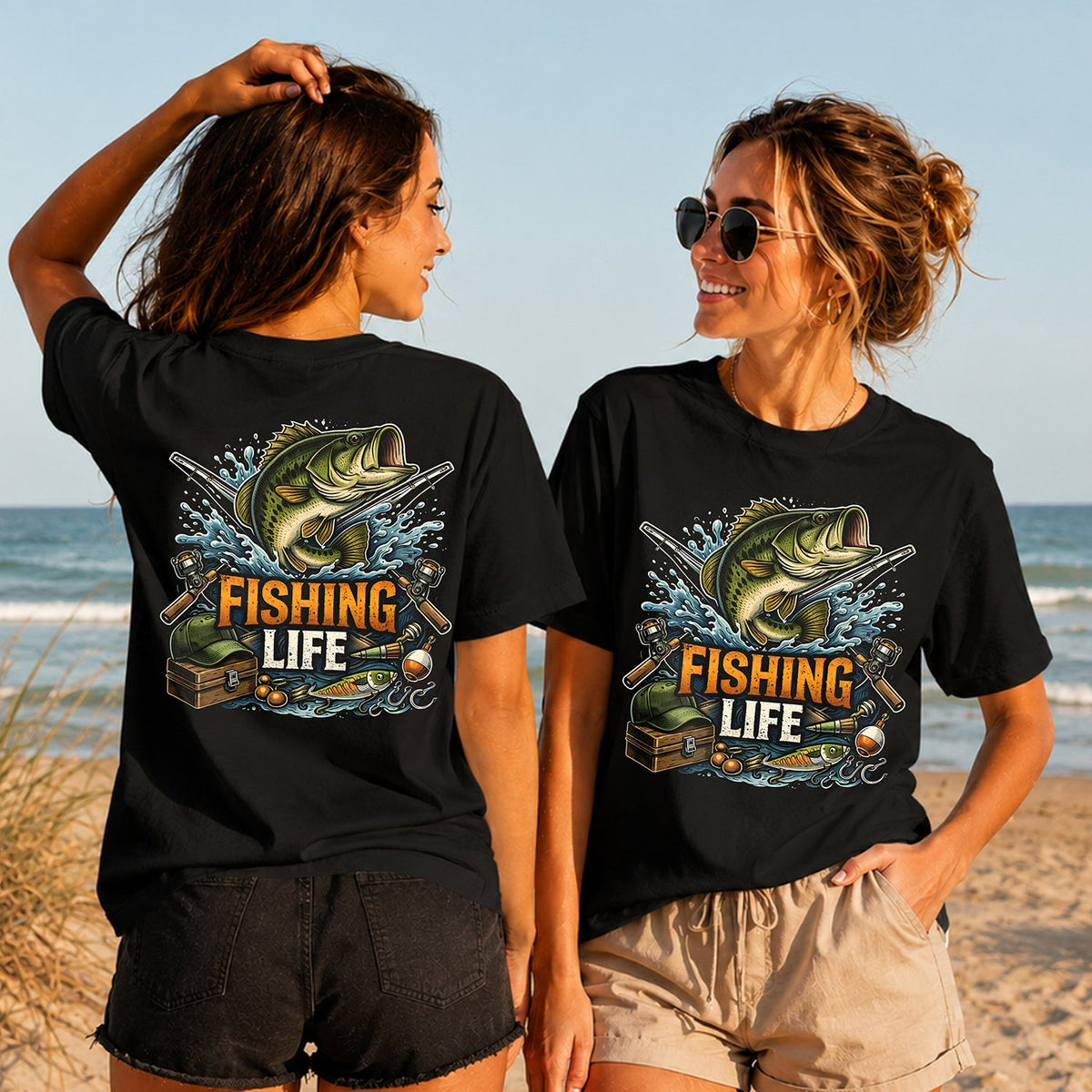 Fishing Life - Women's T-Shirt in black, showing alternative back and front print placements on the beach
