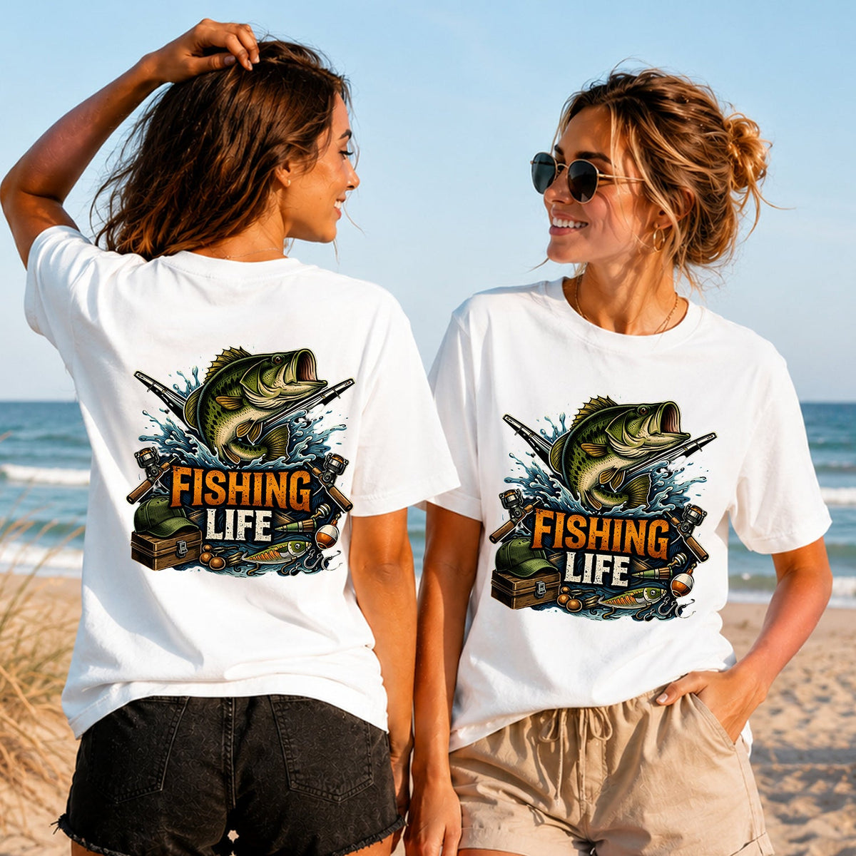 Fishing Life - Women's T-Shirt in white, showing alternative back and front print placements on the beach
