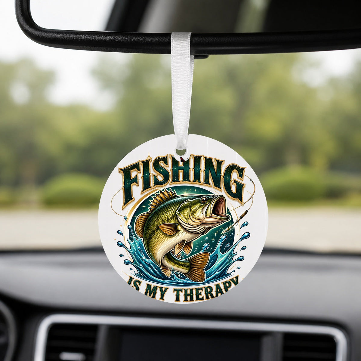 Fishing Therapy - Golden Bass - Round Car Charm in white