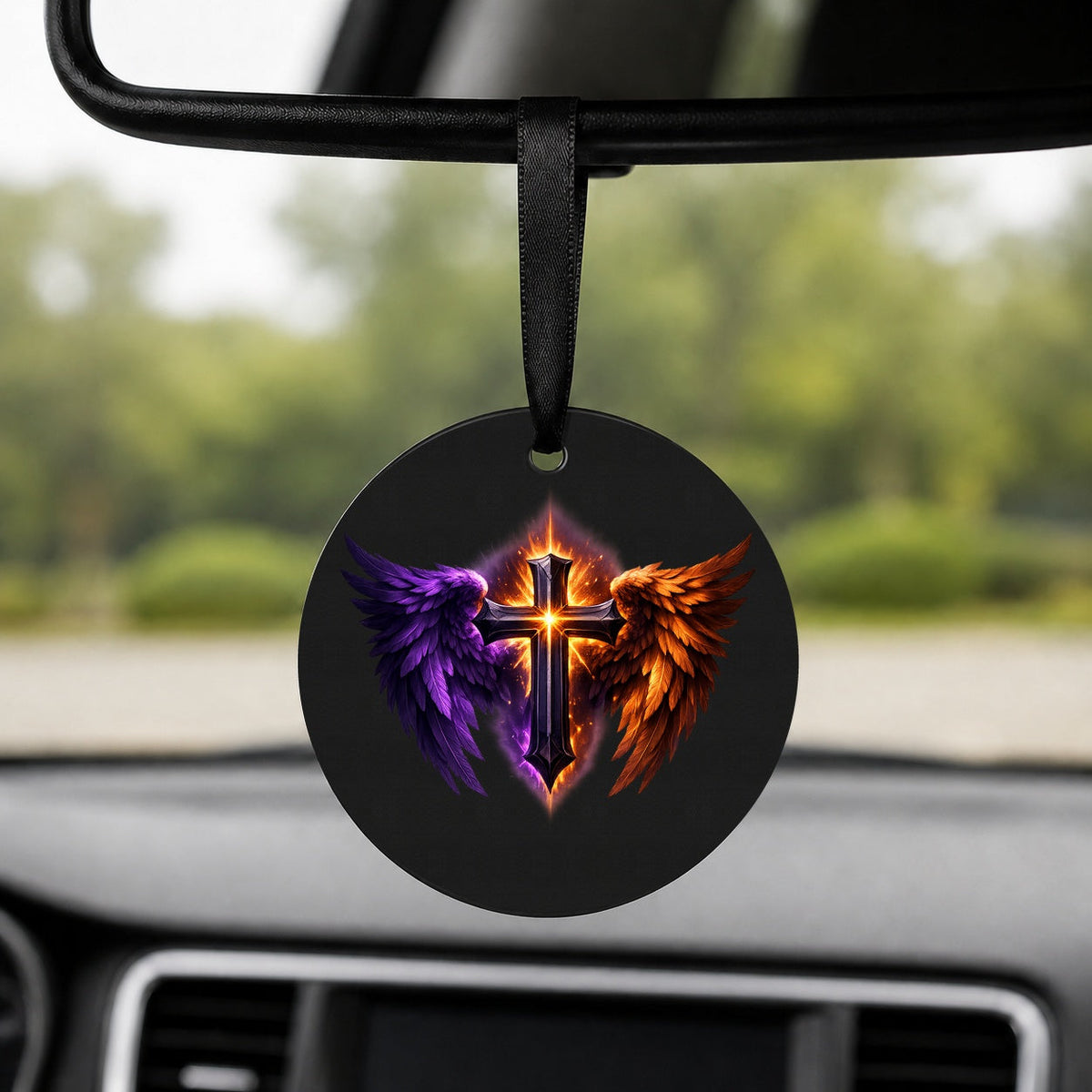 Flame and Shadow Cross - Round Car Charm in black