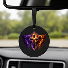 Flame and Shadow Cross - Round Car Charm in black