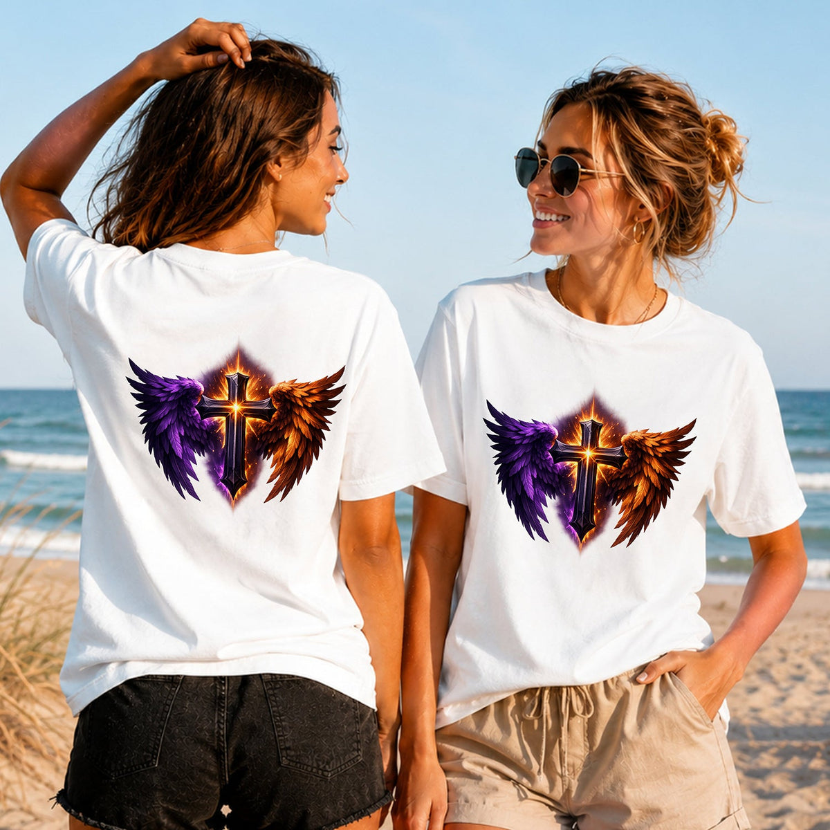 Flame and Shadow Cross - Women's T-Shirt in white, showing alternative back and front print placements on the beach