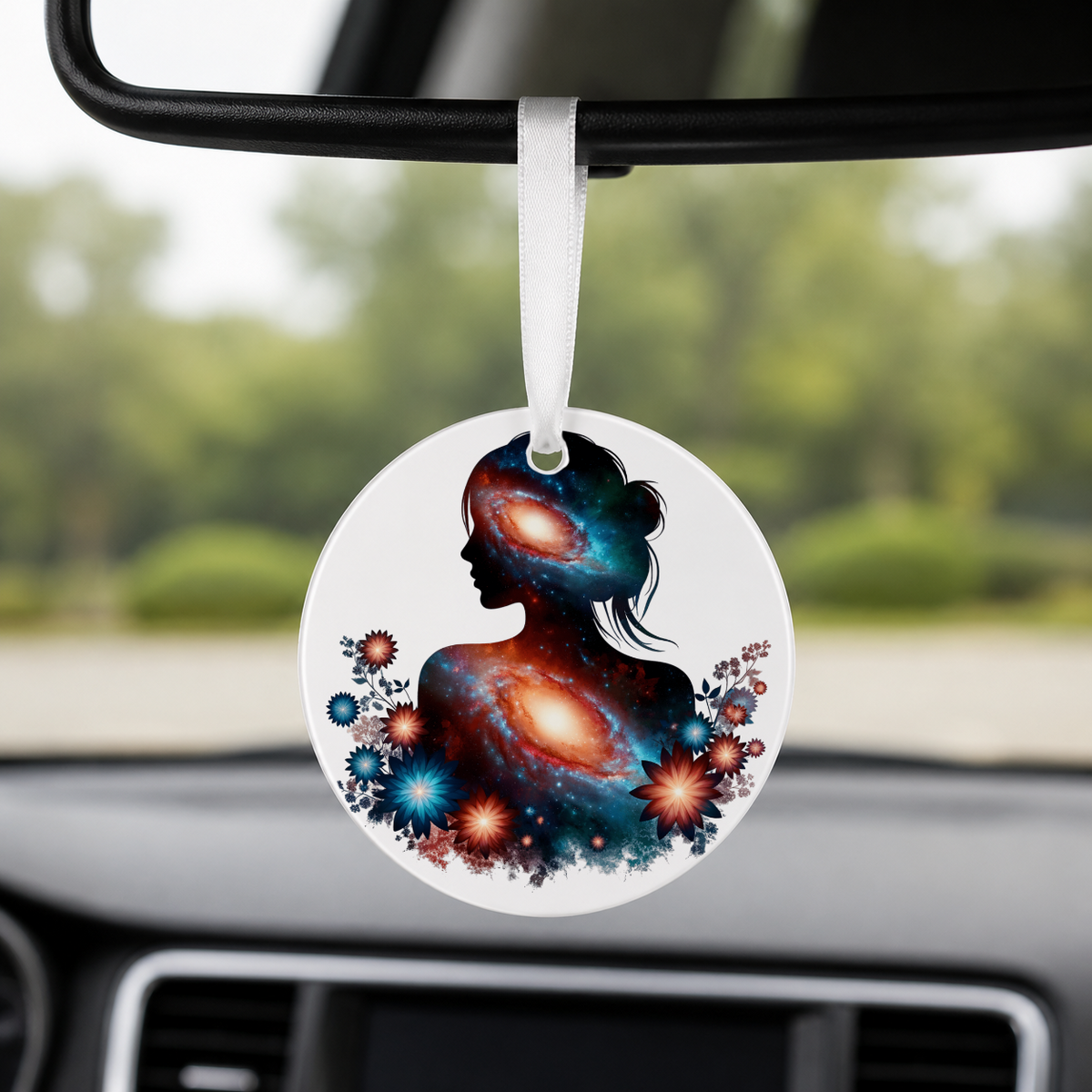 Floral Galaxy Woman Silhouette - Bright Florals - Round Car Charm in white