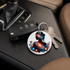 Floral Galaxy Woman Silhouette - Bright Florals - Keychain in white