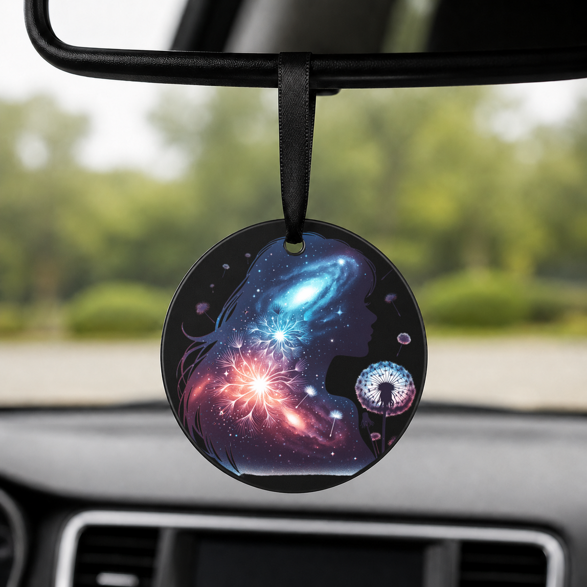 Floral Galaxy Woman Silhouette - Daffodils - Round Car Charm in black
