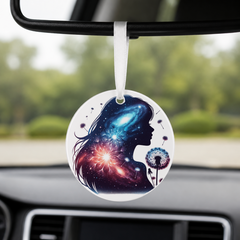 Floral Galaxy Woman Silhouette - Daffodils - Round Car Charm in white