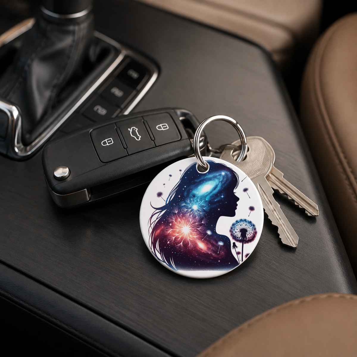 Floral Galaxy Woman Silhouette - Daffodils - Keychain in white