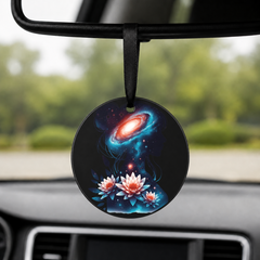 Floral Galaxy Woman Silhouette - Daisies - Round Car Charm in black