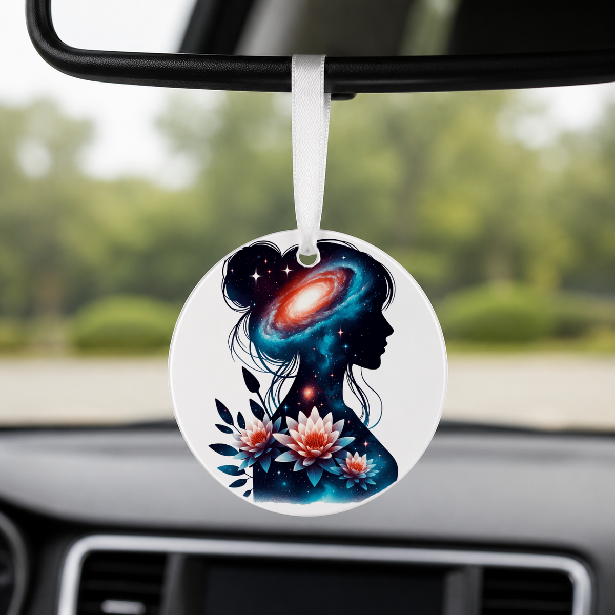 Floral Galaxy Woman Silhouette - Daisies - Round Car Charm in white