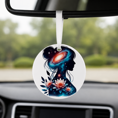 Floral Galaxy Woman Silhouette - Daisies - Round Car Charm in white