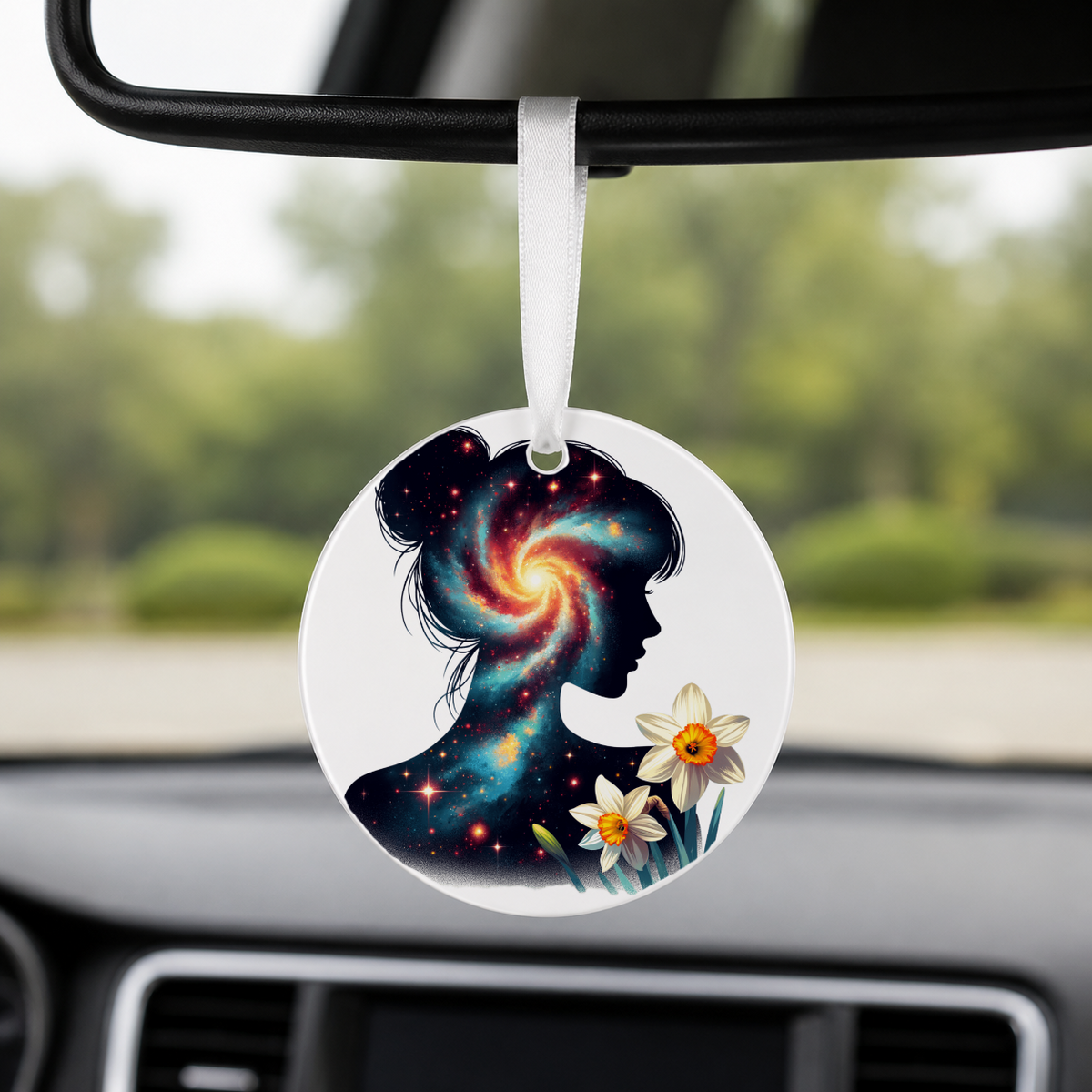 Floral Galaxy Woman Silhouette - Hearts - Round Car Charm in white