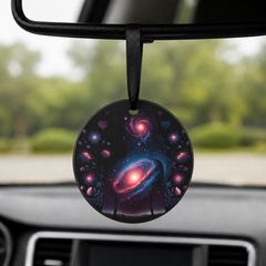 Floral Galaxy Woman Silhouette - Lavender - Round Car Charm in black