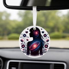 Floral Galaxy Woman Silhouette - Lavender - Round Car Charm in white