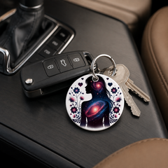 Floral Galaxy Woman Silhouette - Lavender - Keychain in white