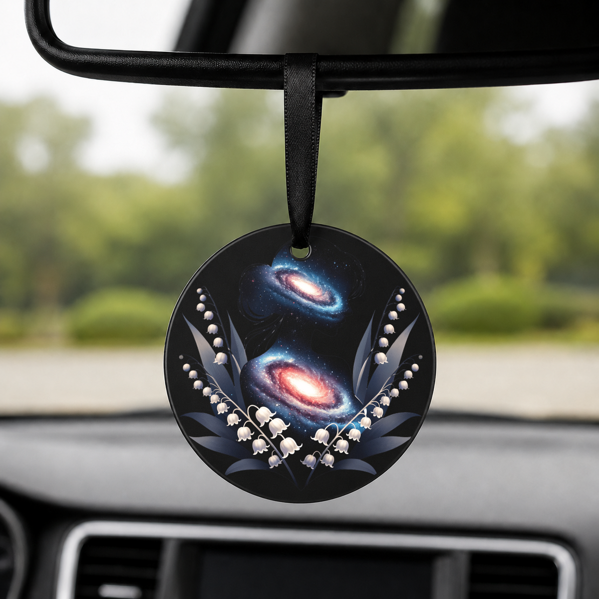 Floral Galaxy Woman Silhouette - Lily Of The Valley - Round Car Charm in black